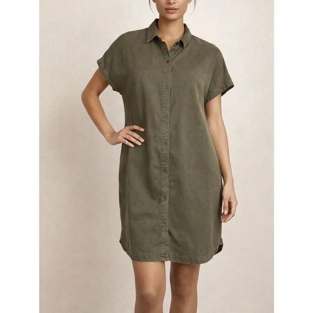 Eileen Fisher Army Green Linen Blend Cap Sleeve Shirt Dress Size S